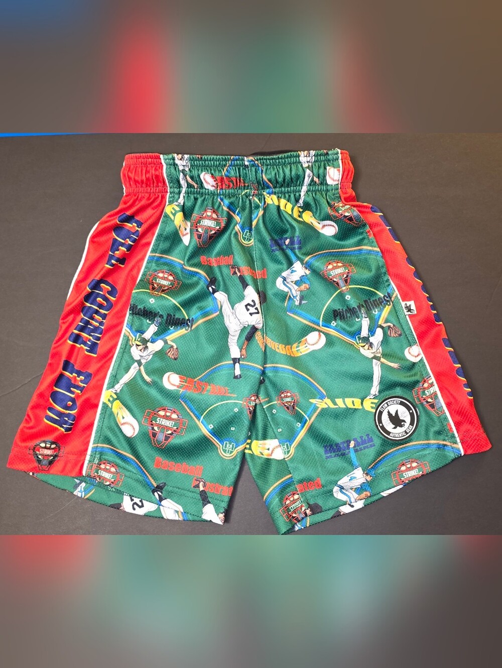 Flow Society Boys Green Baseball Print Athletic Shorts w Red Side Panels Size YS